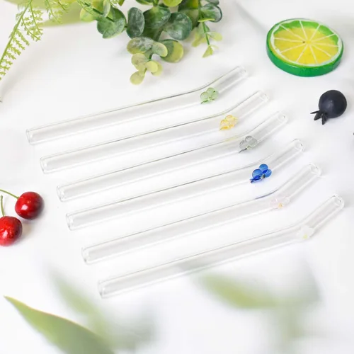 Miniatura 6 de 6 popotes de vidrio cortos doblados reutilizables con 2 cepillos de limpieza, 0.236 x 0.394 in, lindo popote de vidrio resistente a roturas, apto