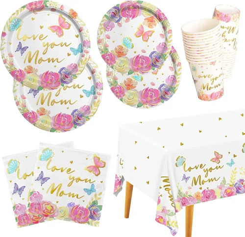 Decoraciones de fiesta del Día de la Madre, Serve 25, Happy Mother Day Pack incluye: platos de papel para cena, platos de postre, servilletas de