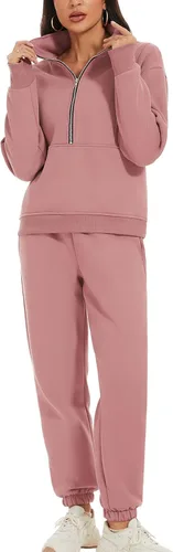 Miniatura 7 de PEHMEA Conjunto deportivo de 2 piezas de otoño para mujer, con forro polar, holgado, manga larga, media cremallera, cómodo conjunto de descanso