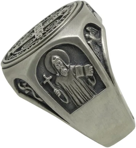 Miniatura 4 de Anillo de plata de ley 925 de San Benito para hombre, exorcismo católico cristiano, protección demoníaca