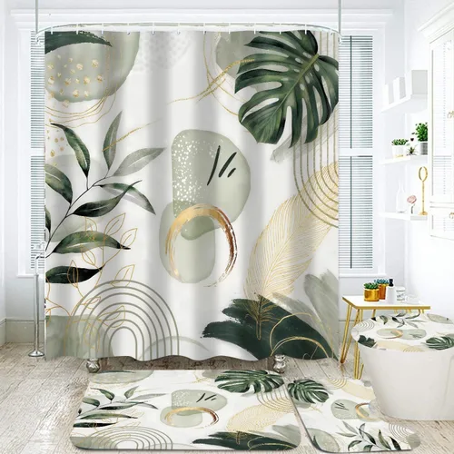 Miniatura 8 de LQCOOL 4Pcs Black Green Shower Curtain Set, Modern Minimalist Bathroom Sets, Abstract Botanical Bathroom Sets with Shower Curtain and Rugs, Tropical