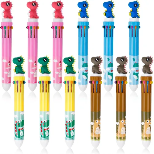 12 bolígrafos multicolores 10 en 1, bolígrafos retráctiles, lindos bolígrafos de dibujos animados de animales, suministros de trabajo, recuerdo de