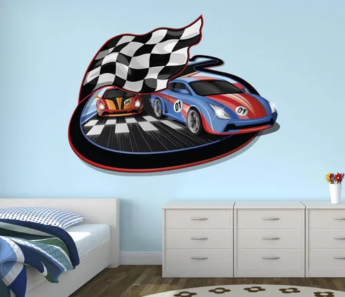 Vinilo adhesivo de pared de auto de doble carrera, decoración de dormitorio infantil, decoración de vinilo para sala de juegos, mural West Mountain