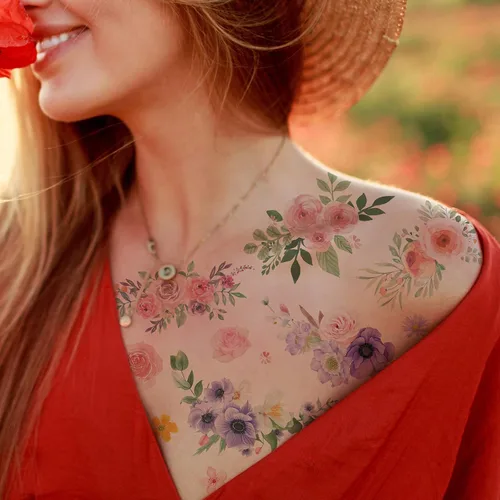 Everjoy Calcomanías de tatuajes temporales de flores, rosas de acuarela, peonía, margarita, arte corporal botánico, tatuajes falsos para mujeres,