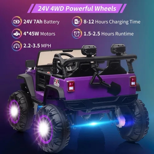 Miniatura 2 de Auto de juguete de 24 V, control remoto, 4 ruedas, auto eléctrico para niños pequeños, niños y niñas, vehículo motorizado de 2 plazas, color morado