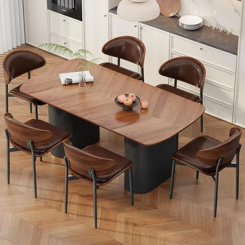 Miniatura 43 de REONEY - Juego de 4 sillas de comedor, modernas de mediados de siglo, tapizadas en piel sintética PU con respaldo de madera curvada de nogal y patas