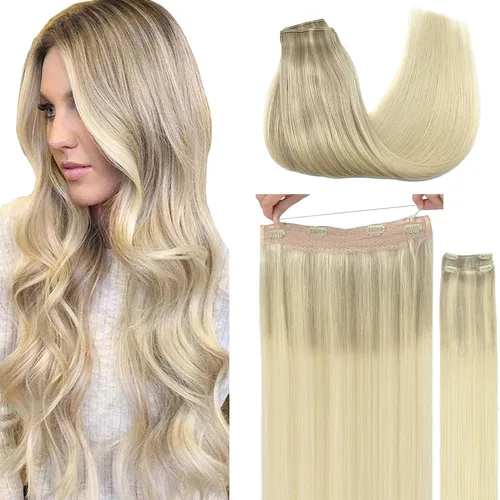 Miniatura 21 de GOO GOO Extensiones de Cabello Humano con Alambre, 18A/613A Rubio Oscuro mezclado con Rubio Decolorado Resaltado 18 pulgadas 95g, Extensiones