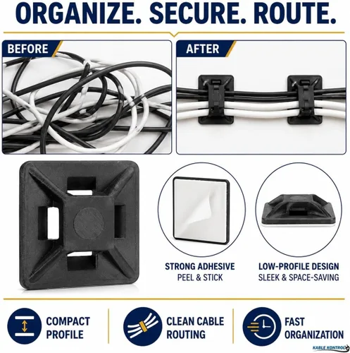 Miniatura 6 de Kable Kontrol Soportes para bridas de cremallera, 1/2 pulgada cuadrada, color negro, 100 unidades, con respaldo adhesivo, multiusos, resistentes a
