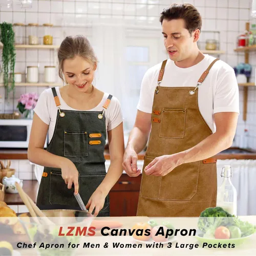 Miniatura 2 de LZMS Delantal de chef para hombres y mujeres, delantal de trabajo de lona con espalda cruzada con 3 bolsillos grandes, resistente al agua