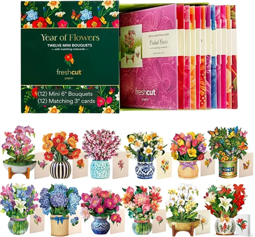 Miniatura 15 de Freshcut Paper Tarjetas desplegables, juego de 12 mini ramos de flores con tarjeta a juego, tarjetas de felicitación de flores emergentes 3D de 6