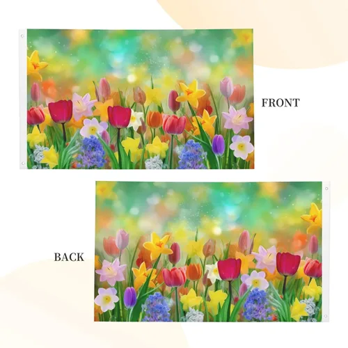 Miniatura 4 de Bandera floral colorida de verano de 3 x 5 pies, doble cara exterior, pancarta grande para exteriores, lavanda de doble costura, tulipanes colgantes