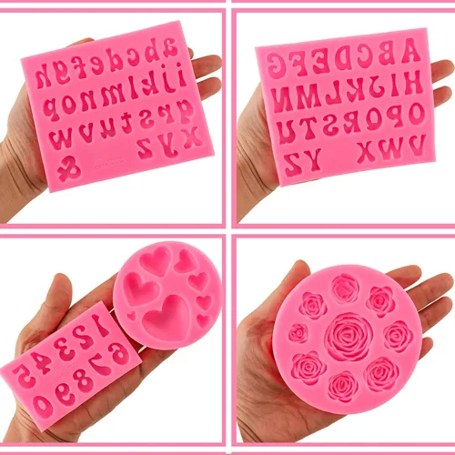 Miniatura 6 de Moldes de letras del alfabeto, 5 piezas de letras y números, forma de corazón, flores, molde de silicona para fondant de chocolate, arcilla