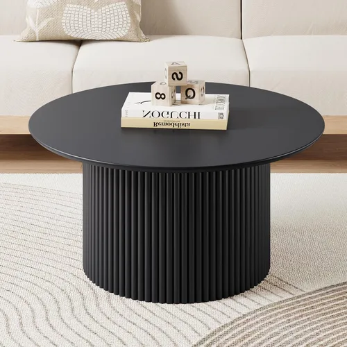 Mesa de café redonda de 31.5", Mesa de centro moderna con acento acanalado y marco de metal, mesas de café de madera redondas para sala de estar de