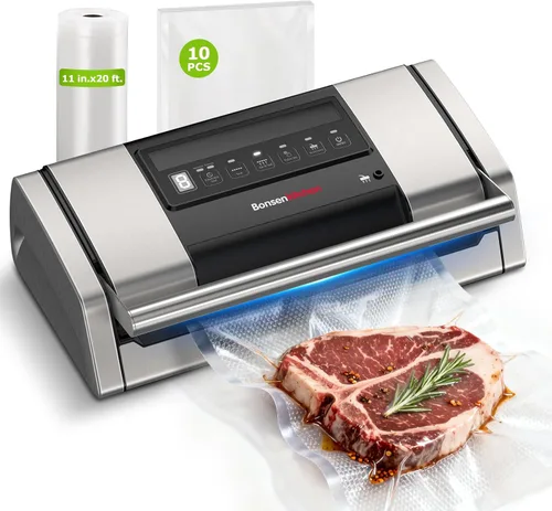 Bonsenkitchen Sellador al vacío para alimentos, máquina selladora al vacío con mango de fácil bloqueo con clip para bolsa, cortador integrado y