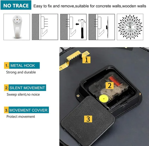 Miniatura 7 de Reloj de pared de 19.7 pulgadas, negro, para decoración de sala de estar, esfera de pétalos de metal silenciosa sin tictac, grandes relojes de pared