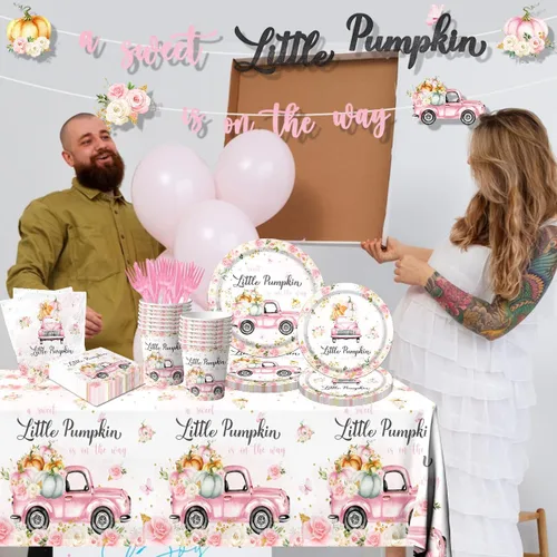 Miniatura 2 de Decoraciones de Vajilla para Fiesta de Baby Shower Little Pumpkin, 142 Piezas Una Dulce Calabacita Está en Camino Niña Rosa Floral Camión Mantel