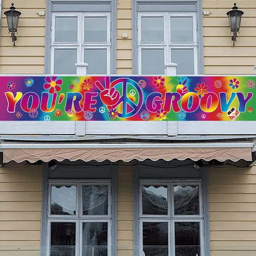 Miniatura 4 de Groovy - Pancarta larga con 118 x 19.7 pulgadas, decoración de fiesta de carnaval de los años 60, suministros de fondo para decoraciones retro hippie