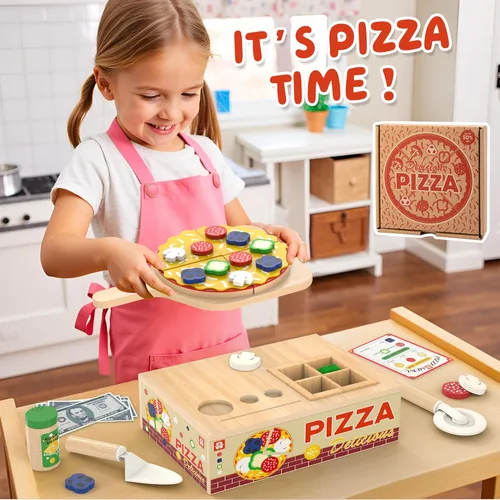 Miniatura 7 de Juguete de Pizza de Madera - Montessori Comida de Juego de Simulación para Edades 3+, Juguete Educativo de Aprendizaje Conjunto de Juego de Madera