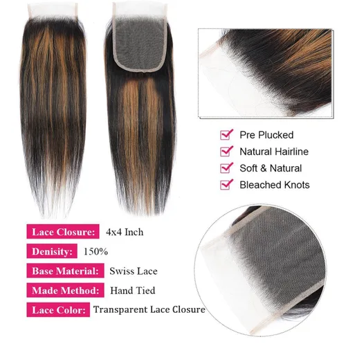 Miniatura 4 de Extensiones de cabello humano marrón con reflejos de Haha con cierre, extensiones lisas con cierre ombre, extensiones de cabello humano con cierre