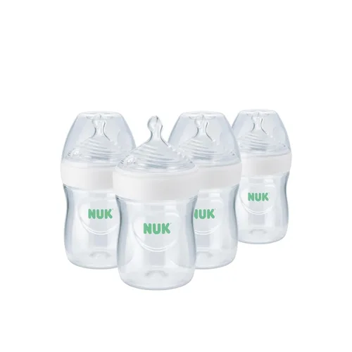 NUK Simply Natural - Biberón con SafeTemp, ventilación anticólicos y pezón de flujo lento para alimentación natural, 9 onzas, paquete de 4