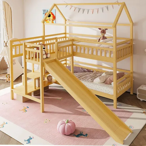 Miniatura 30 de JIVOIT Litera de madera con diseño de techo y ventanas, litera individual sobre individual con nido y escalera integrada para niños, adolescentes