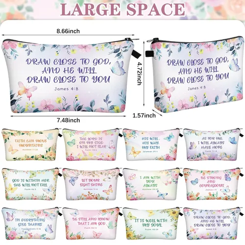 Miniatura 2 de Chunful 12 Piezas Regalos Cristianos Inspiradores Bolsas de Maquillaje Religiosas a Granel para Mujeres Bolsa de Cosméticos con Versículos Bíblicos