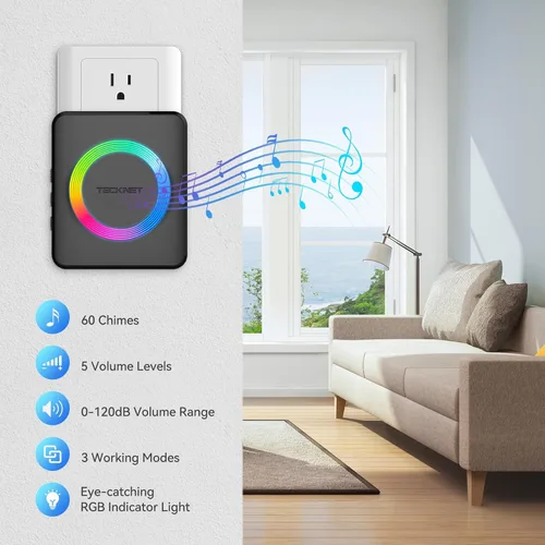 Miniatura 2 de TECKNET Timbre inalámbrico con 2 receptores enchufables, timbres impermeables IP65 para el hogar, rango de funcionamiento de 1300 pies, 60 melodías