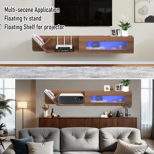 Miniatura 5 de Pmnianhua Soporte de TV flotante rústico con luces LED, consola multimedia montada en la pared de 66 pulgadas, centro de entretenimiento flotante