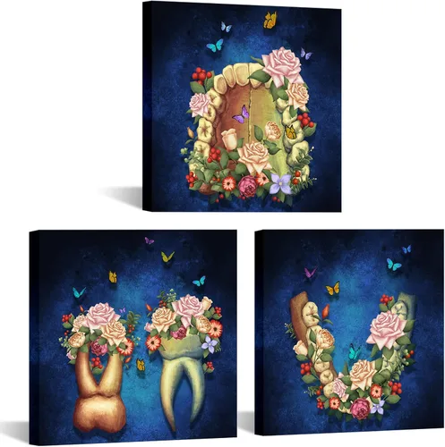 iHAPPYWALL 3 piezas de lienzo dental, arte de pared, abstracto, floral, anatomía, mariposas, arte médico para clínica, odontología, decoración de