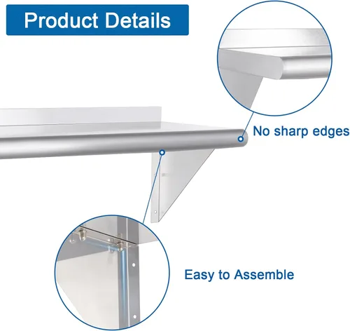 Miniatura 4 de HARDURA Estante de acero inoxidable de 12 x 48 pulgadas, estantes comerciales de 250 libras, estantería de metal para montaje en pared con protector