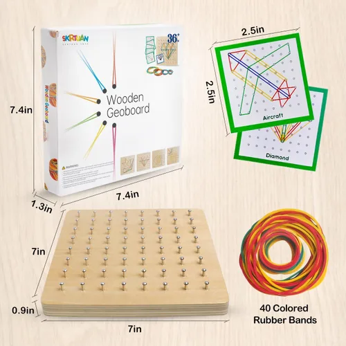 Miniatura 3 de Tablero geométrico de madera para niños - Juguete educativo Montessori STEM con tarjetas de patrones y bandas de goma, rompecabezas de formas