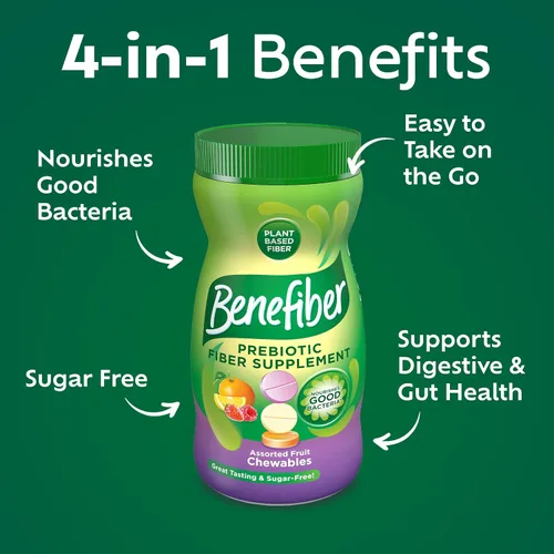 Miniatura 2 de Benefiber Tabletas masticables de suplemento de fibra prebiótica para la salud digestiva, sabores surtidos de frutas, 100