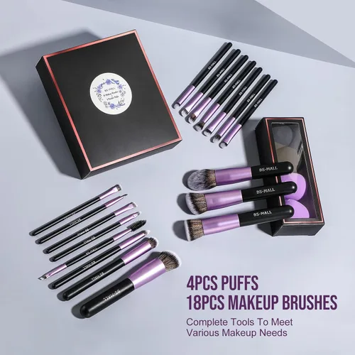 Miniatura 7 de BS-MALL Pinceles de maquillaje de alta calidad, base sintética, correctores de polvo, sombras de ojos, 18 piezas, juego de brochas con 4 esponjas