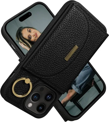 Miniatura 10 de Funda tipo cartera para iPhone 14 Pro Max de 6.7 pulgadas, con ranuras para tarjetas, soporte para anillos, funda protectora de piel sintética