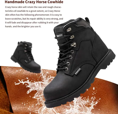 Miniatura 3 de Botas de seguridad laboral para hombre, de cuero Crazy-Horse duradero, con puntera de acero indestructible, impermeables y antideslizantes, mejor