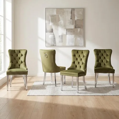 Miniatura 138 de OVENTA Juego de 4 sillas de comedor modernas tapizadas copetudas, terciopelo negro y gris y cuero con patas de madera maciza, sillas de cocina