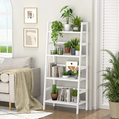Miniatura 2 de Homykic Estantería Escalera, Estantería de Libros Escalera de Bambú de 4 Niveles, Estante de Libros Blanco de 49.2", Librera Abierta Independiente