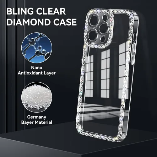 Miniatura 3 de Funda para iPhone 15, diseño de diamantes de imitación con purpurina, bonita para niñas y mujeres, con purpurina brillante y gemas de diseño