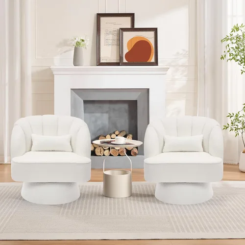 Miniatura 8 de GarveeHome Silla de Acento Moderna Giratoria Tipo Barril, Sillón Tapizado en Tela Teddy de 360° con Respaldo a Rayas y Acolchado de Felpa, Cómoda