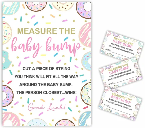 Miniatura 7 de Measure The Baby Bump Juego Set para Baby Shower – Tema de donut How Big is Mommy's Belly Sign, 1 letrero de pie con 50 boletos, revelación