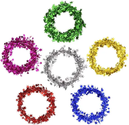 Shappy Guirnalda de estrellas de 147.6 pies con alambre de oropel de Navidad para árbol metálico pequeño, 6 rollos para decoraciones (multicolor)
