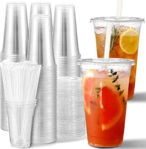 AOZITA [100 juegos] Vasos de plástico transparente de 20 onzas con tapas y pajitas, vasos para café helado vasos desechables para café helado,