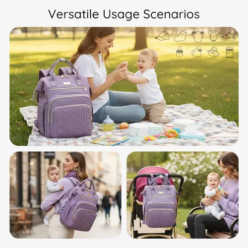 Miniatura 3 de AIJIEKE Bolsa de pañales, mochila grande para pañales de bebé de gran apertura, bolsa de viaje multifuncional para bebé, bolsa de pañales con Púrpura