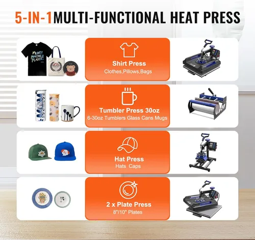 Miniatura 2 de Happybuy Máquina de prensa de calor, 15 x 15 pulgadas, transferencia de calor 8 en 1 con prensa de vaso de 30 onzas, prensa digital de camisetas