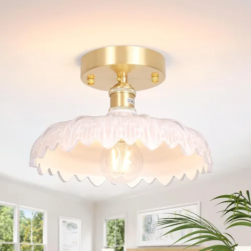 Miniatura 23 de Shenmoyl Luces de pasillo doradas de montaje semiempotrado con vidrio Scindapsus transparente, bombilla incluida, base de 4.72 pulgadas, lámpara