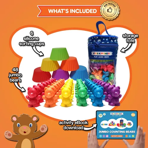 Osos de conteo jumbo con tazas apilables, juguetes educativos Montessori de arcoíris para niños y niñas de 3 años con 48 manipuladores matemáticos