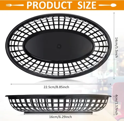 Miniatura 2 de Potchen 100 cestas de comida rápida de 8.9 x 5.5 pulgadas, cestas de plástico para alimentos, bandeja de chips negros, bandeja ovalada reutilizable