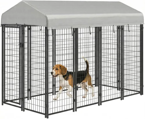 Miniatura 16 de PawHut Jaula de 4' x 4' x 6' para perros al aire libre, Jaula de alambre soldado para perros con rotación de 360° y cuencos ajustables de 4 niveles