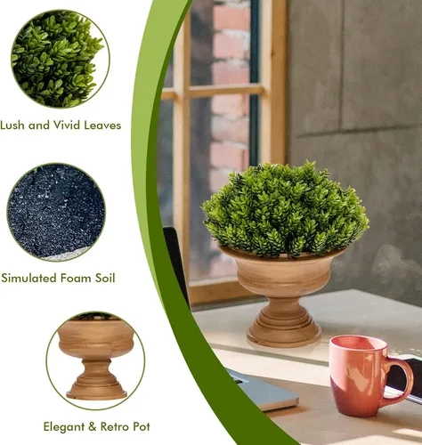 Miniatura 5 de Goplus Paquete de 4 árboles topiarios artificiales de boj, mini plantas de vegetación falsas, pequeñas plantas decorativas de imitación, plantas