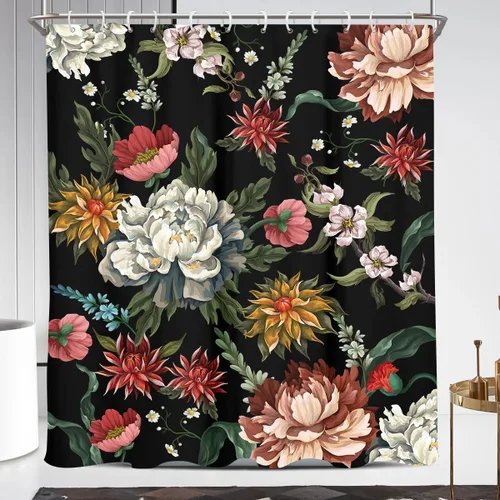 Coxila Cortina de ducha floral, vintage, bohemio, negro, flor oscura, bohemio, acuarela, primavera, lindo arte, colorido, flores, decorativo, baño,